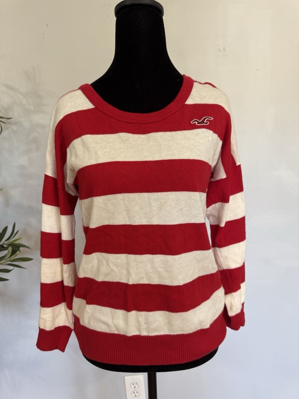 Vintage Y2K Hollister Striped Crew Neck Sweater Red & Ivory Womens M Preppy